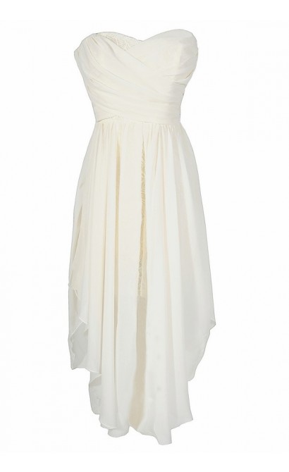 Dana Strapless Chiffon and Lace Midi Dress in Ivory